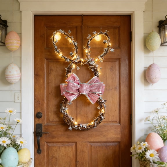 Wreath Decoration - 21.2In Easter Bunny Shaped Wreath Suitable For Front Door Hanging Window Display Or General Easter/Spring Decoration Features String Lights Bow And Bunny Ear