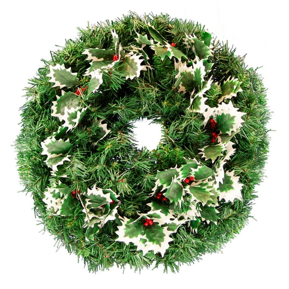 Wreath Decoration - Variegated Holly and Red Berries - Artificial Greenery Wreath - Fade Resistant