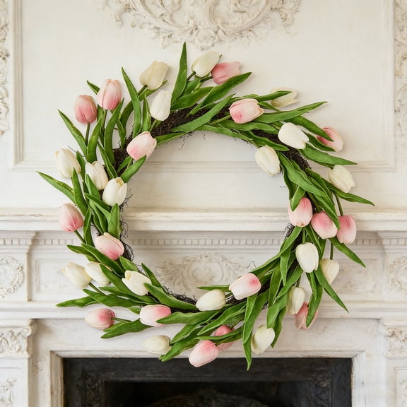 Artificial Wreath - Spring Door Wreath, White Tulips with Green Leaves, 21 in Diameter, Twig Base, Front Door and Home Decor