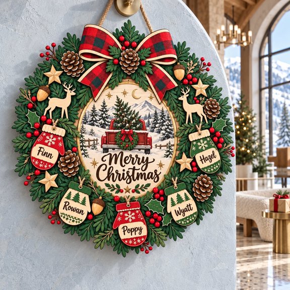 Wreath Door Hanger Christmas Snowy Mountain Personalized Wooden Sign 3D Decor for Holiday Home Entrance