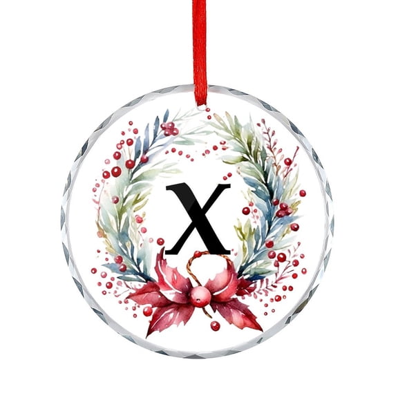 Wreath Floral Xmas Glass Christmas Ornament Hanging Ornaments Xmas Tree Decor for Family Friends Lovers Floral Initial Holiday Ornaments