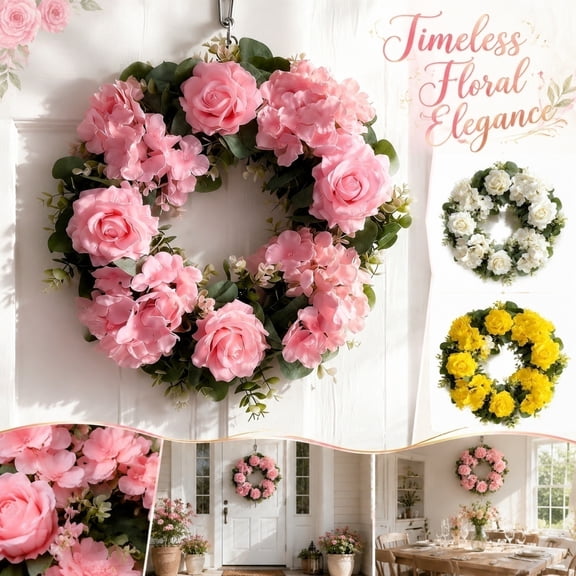 Wreath for Front Door 18 Inch White Artificial Rose Hydrangea Eucalyptus Wreath Spring Summer Wreath for Front Porch Wall Home Wedding Party Decor 1 Pack