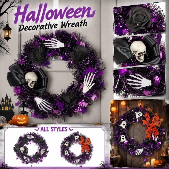 Wreath for Front Door, Front Door Wreath, Halloween Front Door Decor, Halloween Party Decorations, Shimmering Tinsel Construction, No Extra Assembly Required, Ideal for Welcoming