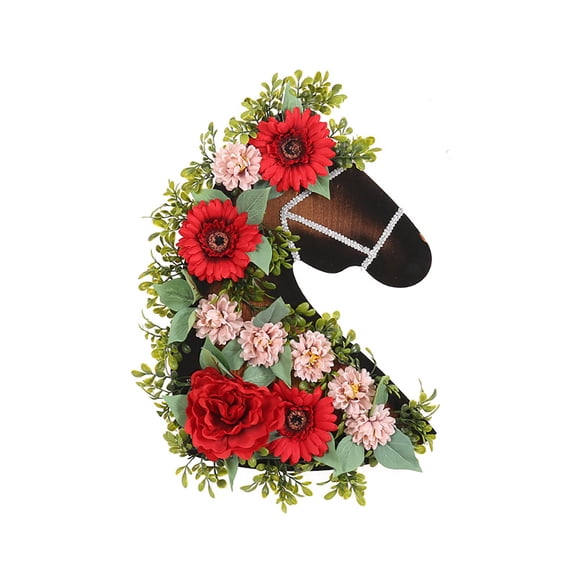Wreath for Front Door Horse Head Shaped Floral Decor, Wood and Foliage Spring Wall Hanging, Unique Farmhouse Home Decor for Year of the Horse and Seasonal Celebration