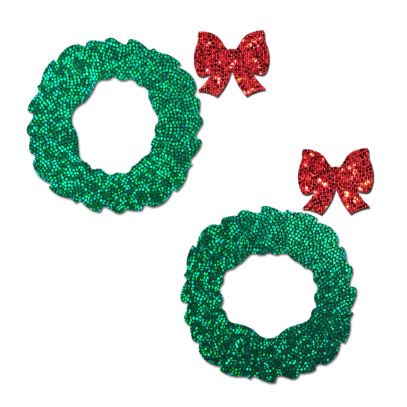 Wreath: Glittering Green with Mini Red Bow Accents Nipple Pasties by Pastease®