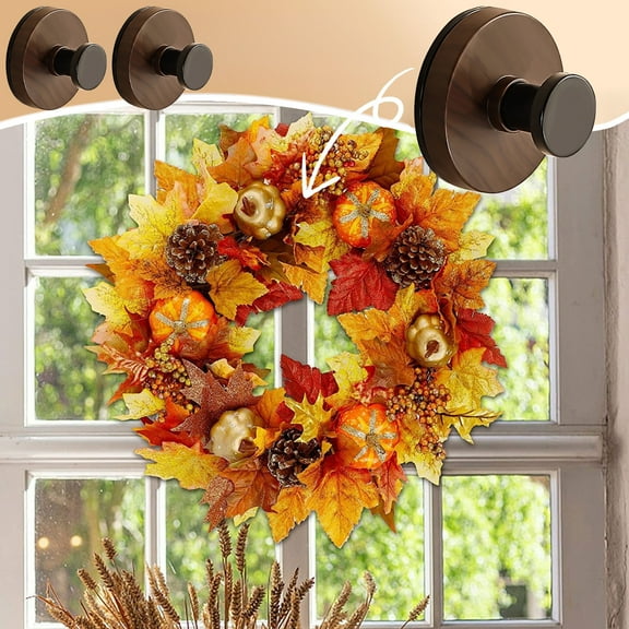 Wreath Hanger For Front Door Heavy Duty Suction Cup Reef Hook For Glass Window/Over Door/Outdoor Christmas/Thanksgiving/Halloween/Fall Decoration (Walnut 2-Pack Hooks)