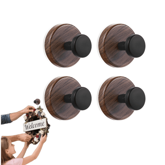Wreath Hanger for Front Door, Heavy Duty Suction Cup Reef Hook for Glass Window/Over Door/Outdoor, Christmas/Thanksgiving/Halloween/July 4th/Easter/Valentine/Fall/Spring (Walnut, 4-Pack)