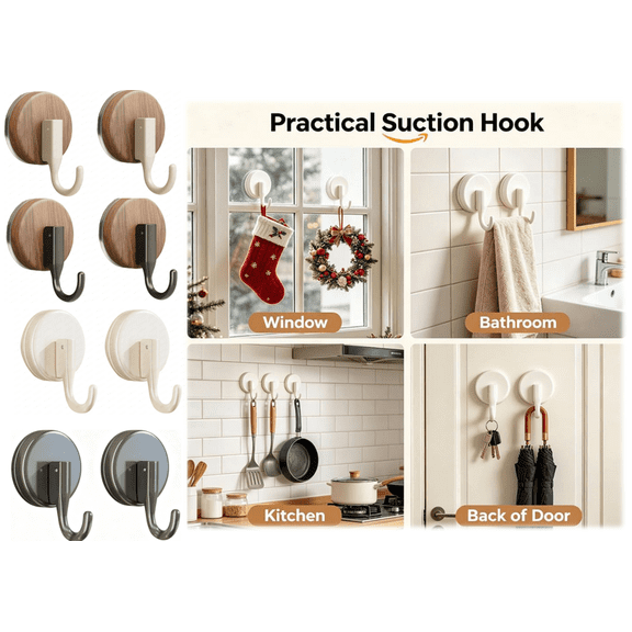 Wreath Hanger for Front Door, Upgraded Suction Cup Reef Hook for Glass Window/Over Door, Christmas/Thanksgiving/Halloween/July 4th/Easter/Valentine/Spring/Summer/Fall (Walnut White, 2-Pack)
