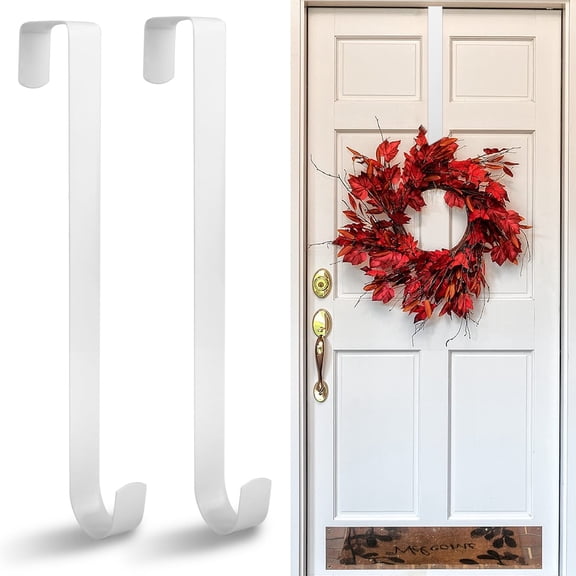 Wreath Hanger for Front Door,12 Inch Metal Wreath Door Hanger for Hanging Wreath Halloween Christmas Decorations,2 Pack White