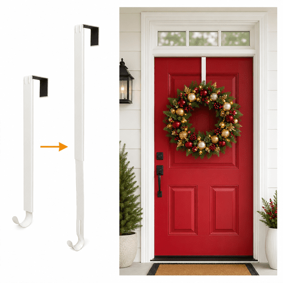 SUSWIM Wreath Hanger for Front Door, Adjustable Wreath Hanger from 15 to 25 Inches Wreath Hanger, 20 lbs Larger Door Upgrade Wreath Hanger Christmas Fall Wreaths Decorations Hook (White)