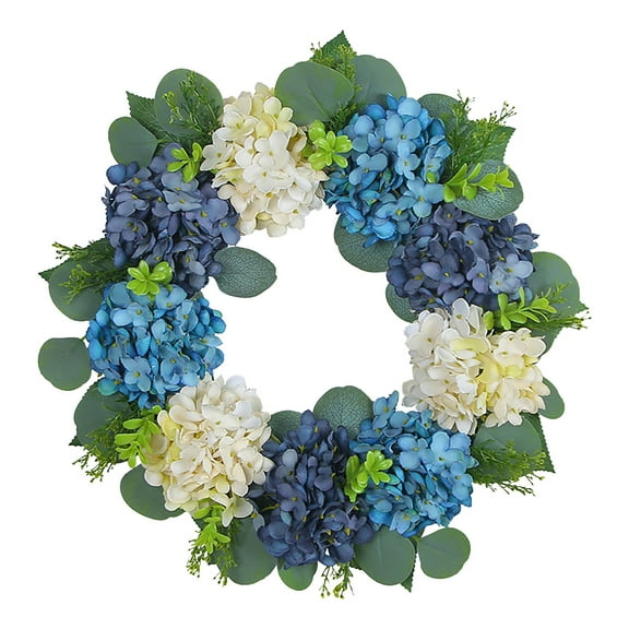 1X Wreath - Hydrangea Wreath for Front Door Flower Wreaths Floral Large 16" Blue White Hanging Spring Summer Wreaths Farmhouse Wreath