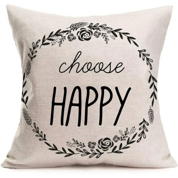 Wreath Inspirational Quote Throw Pillow Cover Choose Happy Decorative Pillow Cases 18x18 Inch Olive Branch Flower Farmhouse Cushion Cover Standard Modern Pillowcases for Sofa (Choose Happy)