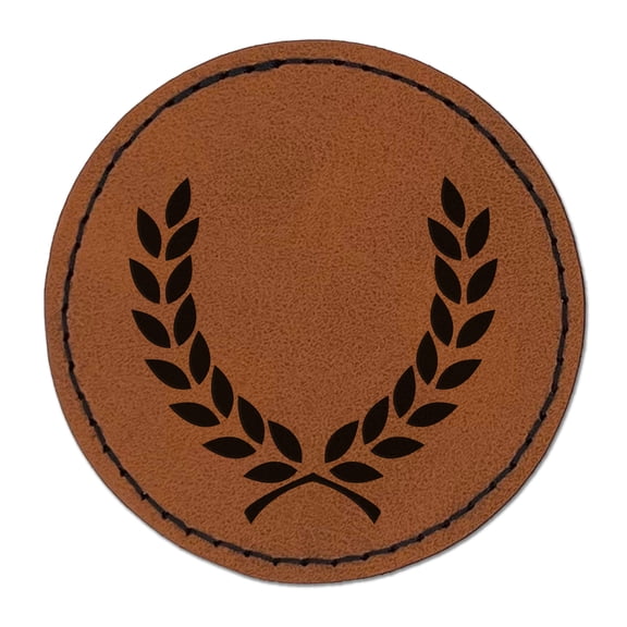 Wreath Laurel Branch Frame 2.5" Faux Leather Round Engraved Iron-On Patch - Brown