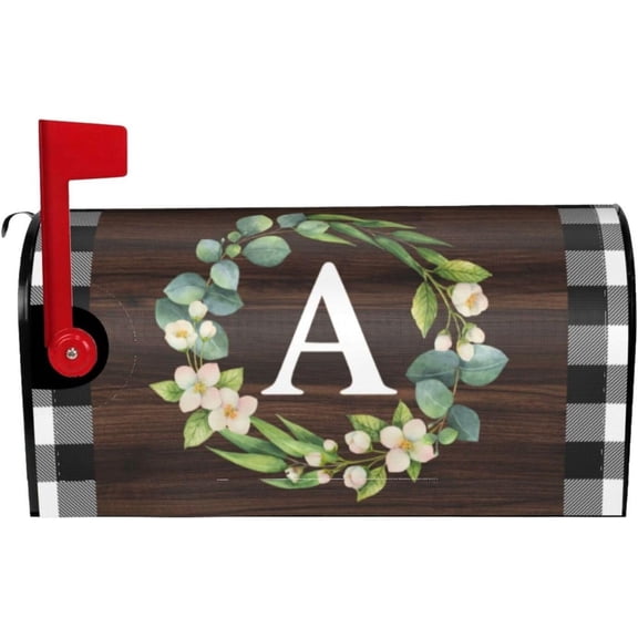 Wreath Monogram Letter A Mailbox Covers, Buffalo Plaid Outdoor Magnetic Mailbox Cover, 21 x 18 in Mail Box Covers for Garden Yard Decor