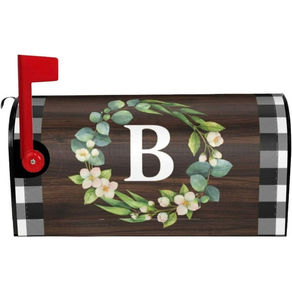 Wreath Monogram Letter B Mailbox Covers, Buffalo Plaid Outdoor Magnetic Mailbox Cover, 21 x 18 in Mail Box Covers for Garden Yard Decor