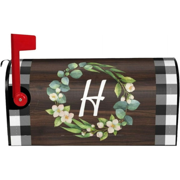 Wreath Monogram Letter H Mailbox Covers, Buffalo Plaid Outdoor Magnetic Mailbox Cover, 21 x 18 in Mail Box Covers for Garden Yard Decor