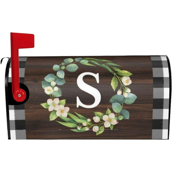 Wreath Monogram Letter S Mailbox Covers, Buffalo Plaid Outdoor Magnetic Mailbox Cover, 21 x 18 in Mail Box Covers for Garden Yard Decor