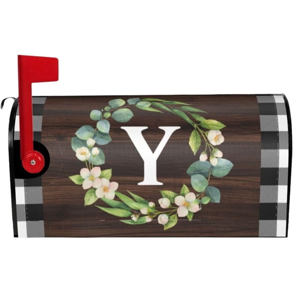 Wreath Monogram Letter Y Mailbox Covers, Buffalo Plaid Outdoor Magnetic Mailbox Cover, 21 x 18 in Mail Box Covers for Garden Yard Decor
