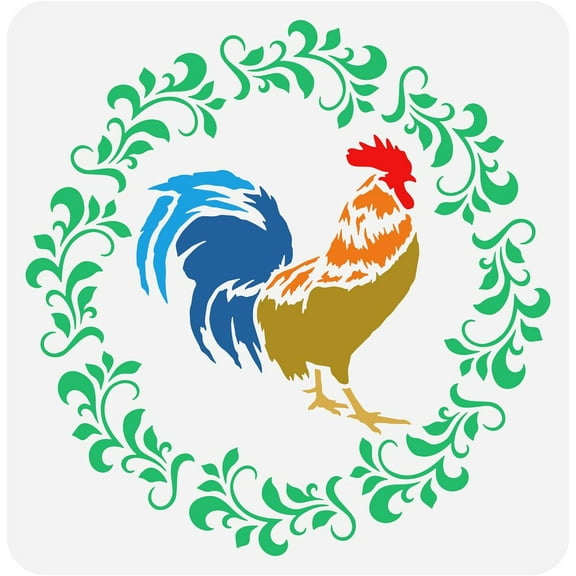 Wreath Rooster Stencil 11.8x11.8inch Reusable Rooster and Garland Drawing Stencil DIY French Rooster Decoration Template Farm Animal Stencil for Painting on Wood Wall and Furniture colorful