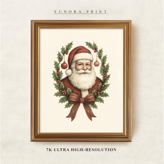 Wreath Santa Wall Art, Vintage Father Decor,, Unframed Poster Size 8x12