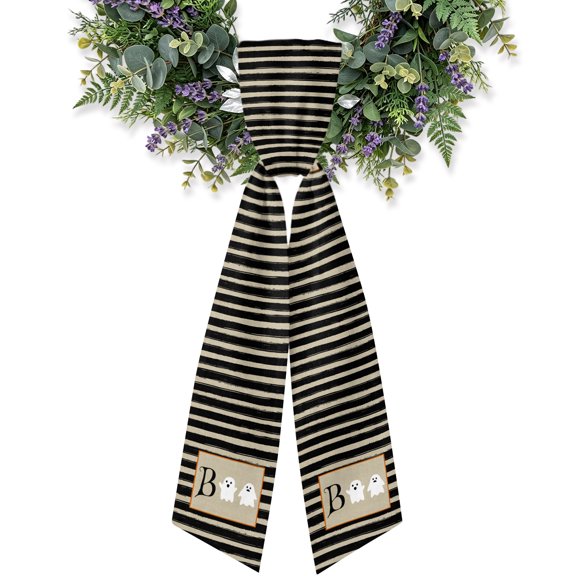 Wreath Sash for Front Door,4.5"Wx56"L Halloween Boo Ghost Cartoon Style Garland Ribbon Bow Black Stripes Vintage Linen Holiday Wreath Accessories for Indoor Outdoor Party Decorations