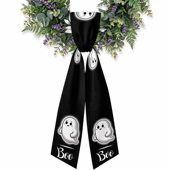 Wreath Sash for Front Door,4.5"Wx56"L Halloween Cute Ghost Boo Garland Ribbon Bow Black and White Holiday Wreath Accessories for Indoor Outdoor Party Decorations