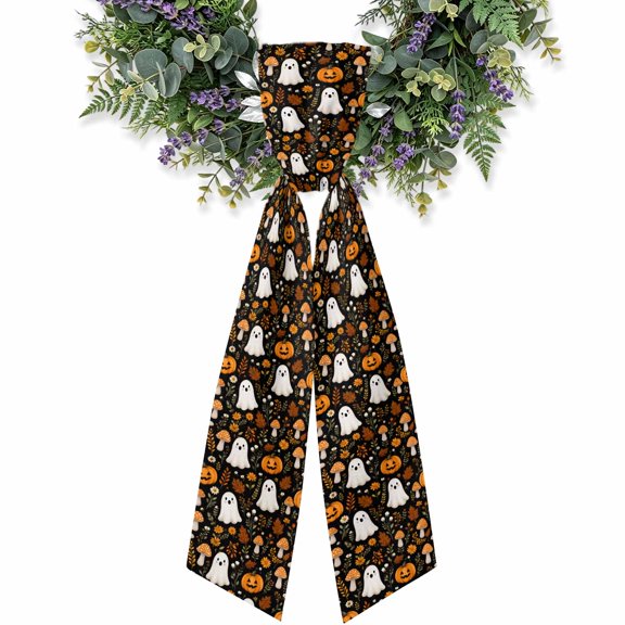 Wreath Sash for Front Door,4.5"Wx56"L Halloween Cute Ghosts Garland Ribbon Bow Small Pumpkins Mushrooms Holiday Wreath Accessories for Indoor Outdoor Party Decorations