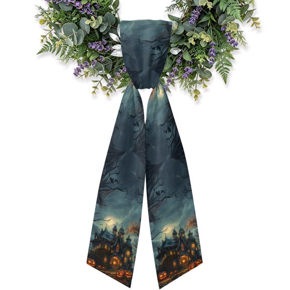 Wreath Sash for Front Door,4.5"Wx56"L Halloween Horror Night Castle Pumpkin Garland Ribbon Bow Haunted Ghost Forest Holiday Wreath Accessories for Indoor Outdoor Party Decorations
