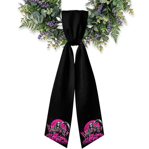 Wreath Sash for Front Door,4.5"Wx56"L Halloween Horror Skeleton Garland Ribbon Bow Pumpkin Ghost on Black Holiday Wreath Accessories for Indoor Outdoor Party Decorations