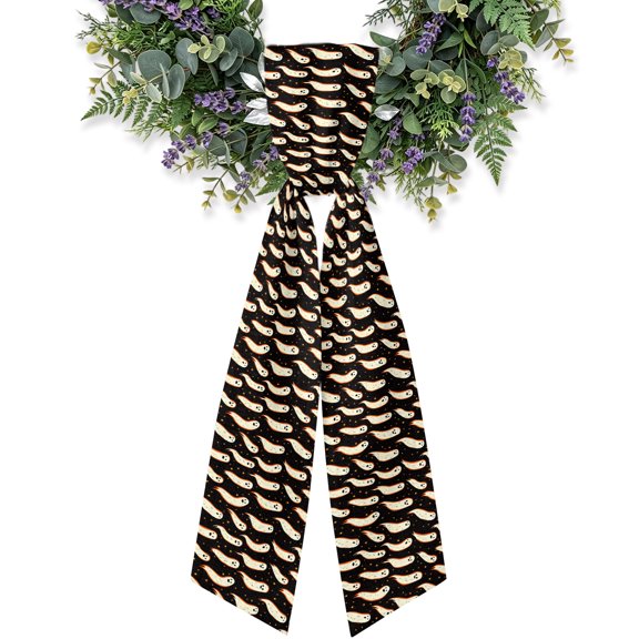 Wreath Sash for Front Door,4.5"Wx56"L Halloween Smile Ghost Garland Ribbon Bow Cute Elf on Black Background Holiday Wreath Accessories for Indoor Outdoor Party Decorations