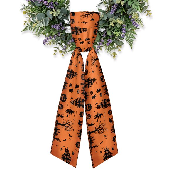Wreath Sash for Front Door,4.5"Wx56"L Haunted House Halloween Dead Trees Ghost Bat Garland Ribbon Bow Black Shadow Scary Orange Holiday Wreath Accessories for Indoor Outdoor Party Decorations