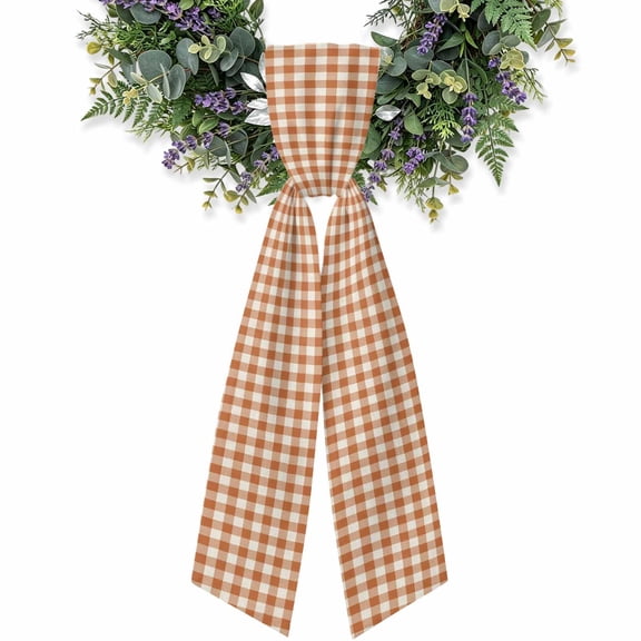 Wreath Sash for Front Door,4.5"Wx56"L Orange White Gingham Grid Garland Ribbon Bow Retro Farmhouse Plaid Holiday Wreath Accessories for Indoor Outdoor Party Decorations