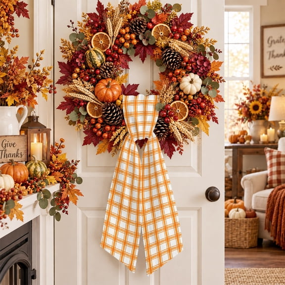 Wreath Sash for Front Door,4.5"Wx56"L Vintage Gingham Yellow Plaid Garland Ribbon Bow Modern Minimalist Grid Holiday Wreath Accessories for Indoor Outdoor Party Decorations
