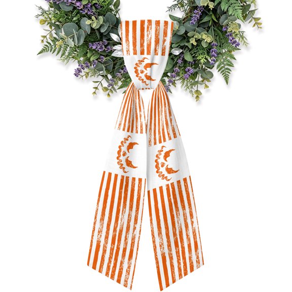Wreath Sash for Front Door,4.5"Wx56"L Vintage Halloween Demons Face Garland Ribbon Bow White Orange Stripe Holiday Wreath Accessories for Indoor Outdoor Party Decorations