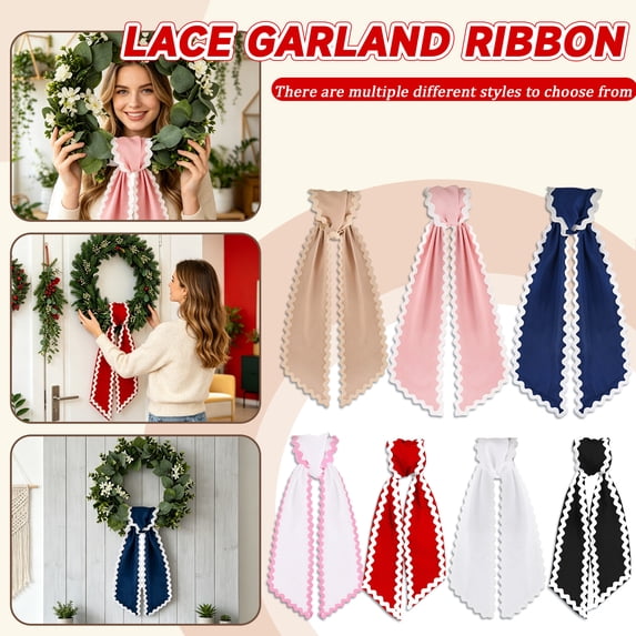 Wreath Sash for Front Door, Multi-Color Scalloped Edge Wreath Ribbon Sash, 47.24In Long Door Garland Bow Decor for Holiday Wedding Home Porch Decoration - Red