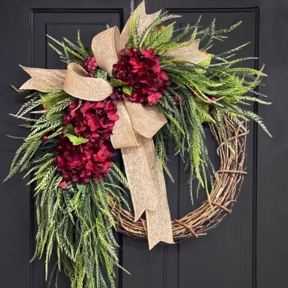 Wreath Sash for Front Door, Rustic Hydrangea Eucalyptus Wreath with Decorative Bow, Farmhouse Door Wall Hanging Faux Greenery Indoor Outdoor Decor