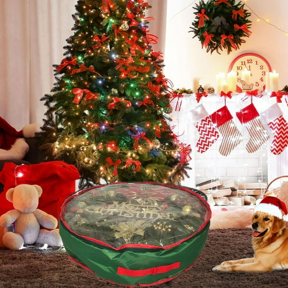 Wreath Storage,Organizers And Storage,Round Christmas Bag,One-Sided Transparent PVC Storage Container With Handles Durable Fabric Christmas Decoration Storage Box For Seasonal Home Organization