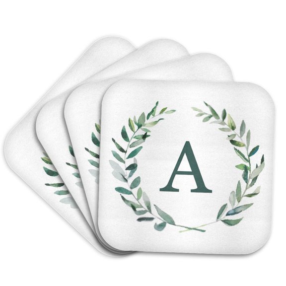 3drose, Wreath with Monogram Initial Letter a in Green on White Background., Set of 4 Coasters - Soft