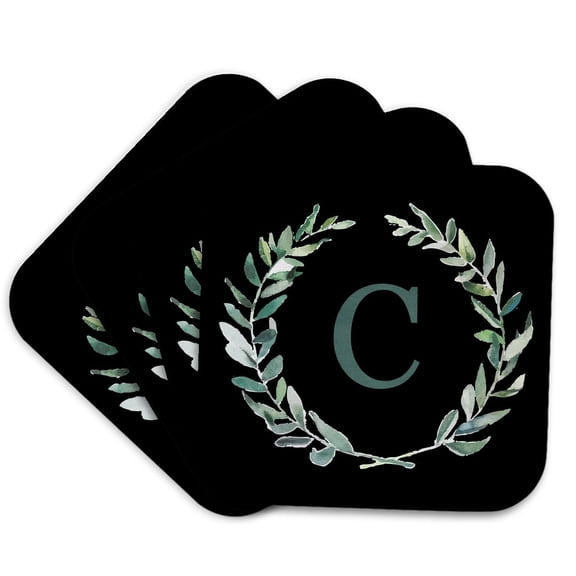 3drose, Wreath with Monogram Initial Letter C in Green on Black Background., Set of 4 Coasters - Soft