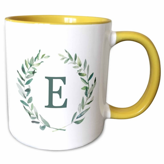 3drose, Wreath with Monogram Initial Letter E in Green on White Background., 15oz Two-tone Yellow Mug