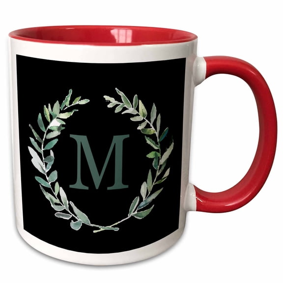 3drose, Wreath with Monogram Initial Letter M in Green on Black Background., 15oz Two-tone Red Mug
