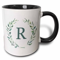 3drose, Wreath with Monogram Initial Letter R in Green on White Background., 15oz Two-tone Black Mug