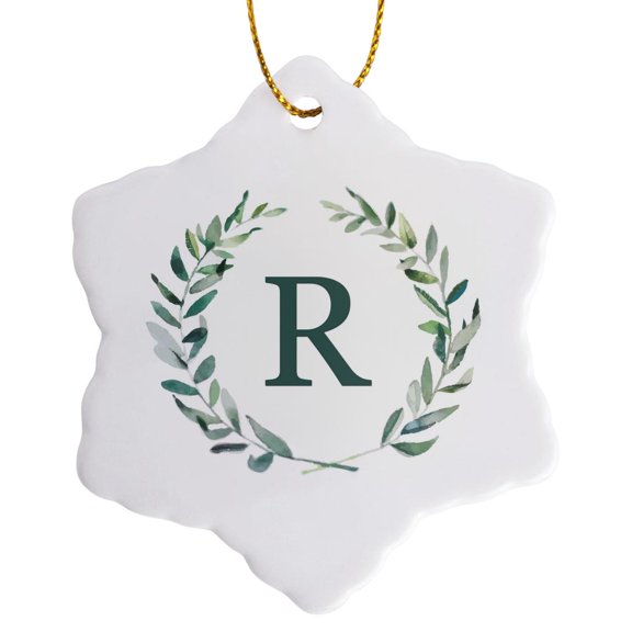 3drose, Wreath with Monogram Initial Letter R in Green on White Background., 3 inch Snowflake Porcelain Ornament