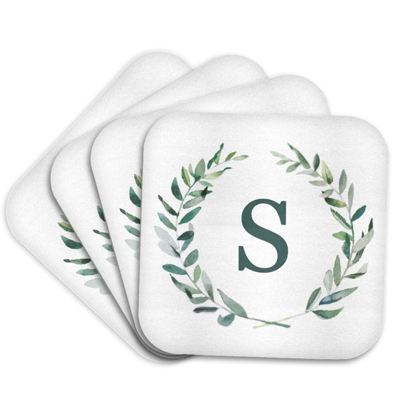 3drose, Wreath with Monogram Initial Letter S in Green on White Background., Set of 4 Coasters - Soft