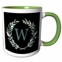 3drose, Wreath with Monogram Initial Letter W in Green on Black Background., 15oz Two-tone Green Mug