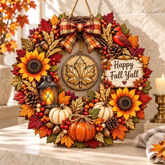 Wreath Wood Sign Fall Harvest Sunflower Pumpkin Maple Leaf Design Wooden Door Hanger for Thanksgiving Decor