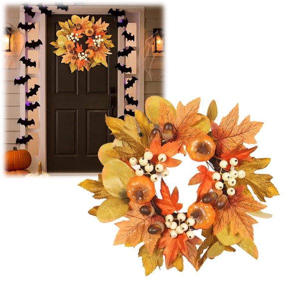 Wreath for front door,Thanksgiving Maple Candle Holder Simulation Melon Vine Ring Wreath Wall Hanging Vine Ring Autumn Color Table Candle Holder