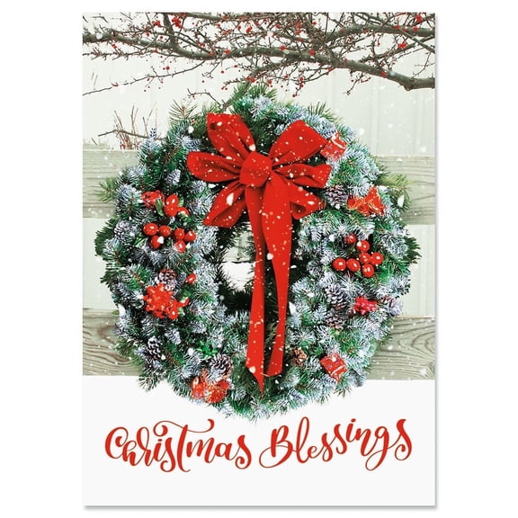 Current Wreath in Snow Religious Christmas Greeting Cards - Set of 18, Large 5" x 7" Folded
