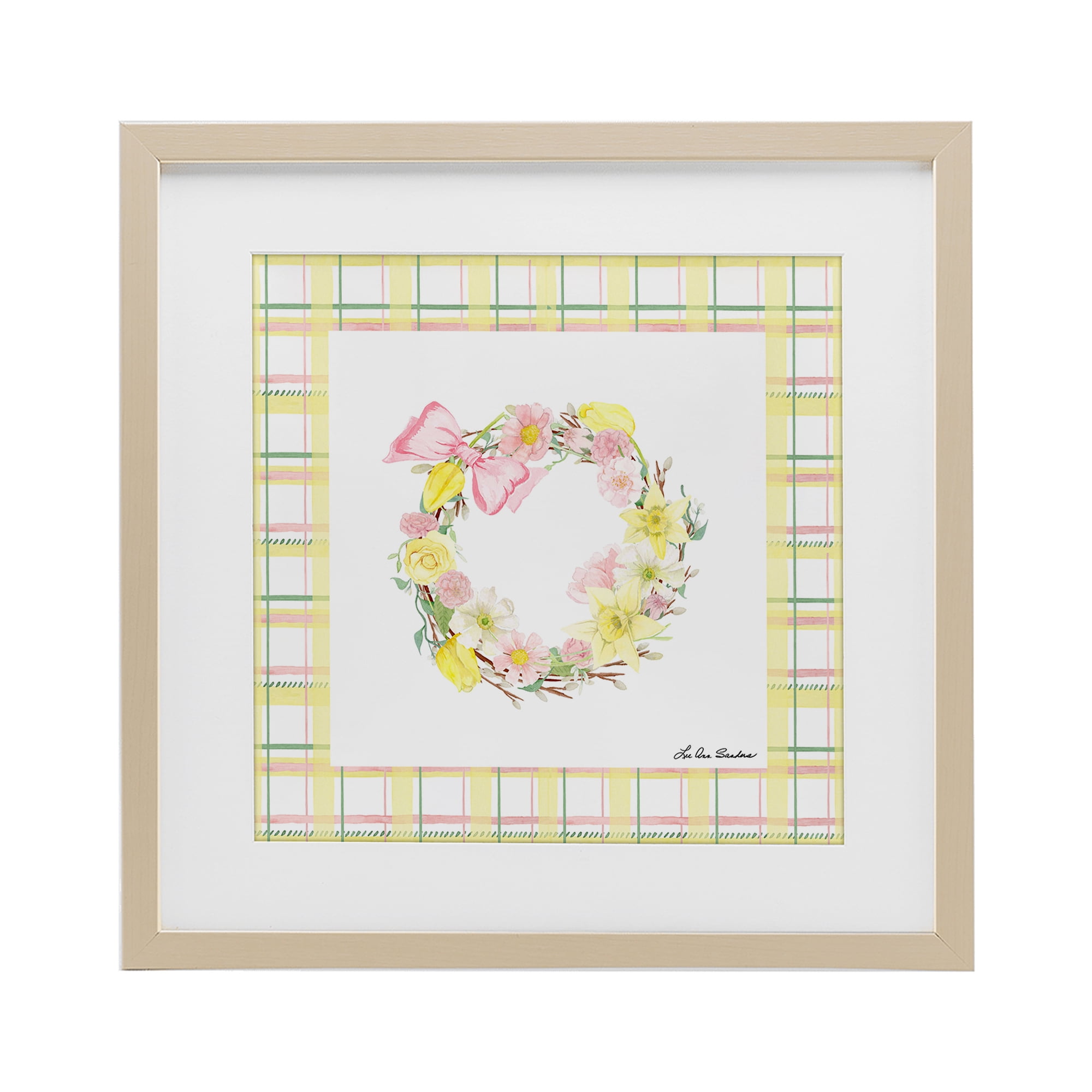 Wreath in Spring Pastels Birch Framed Print Under Glass, design by Lee Ann Sanders