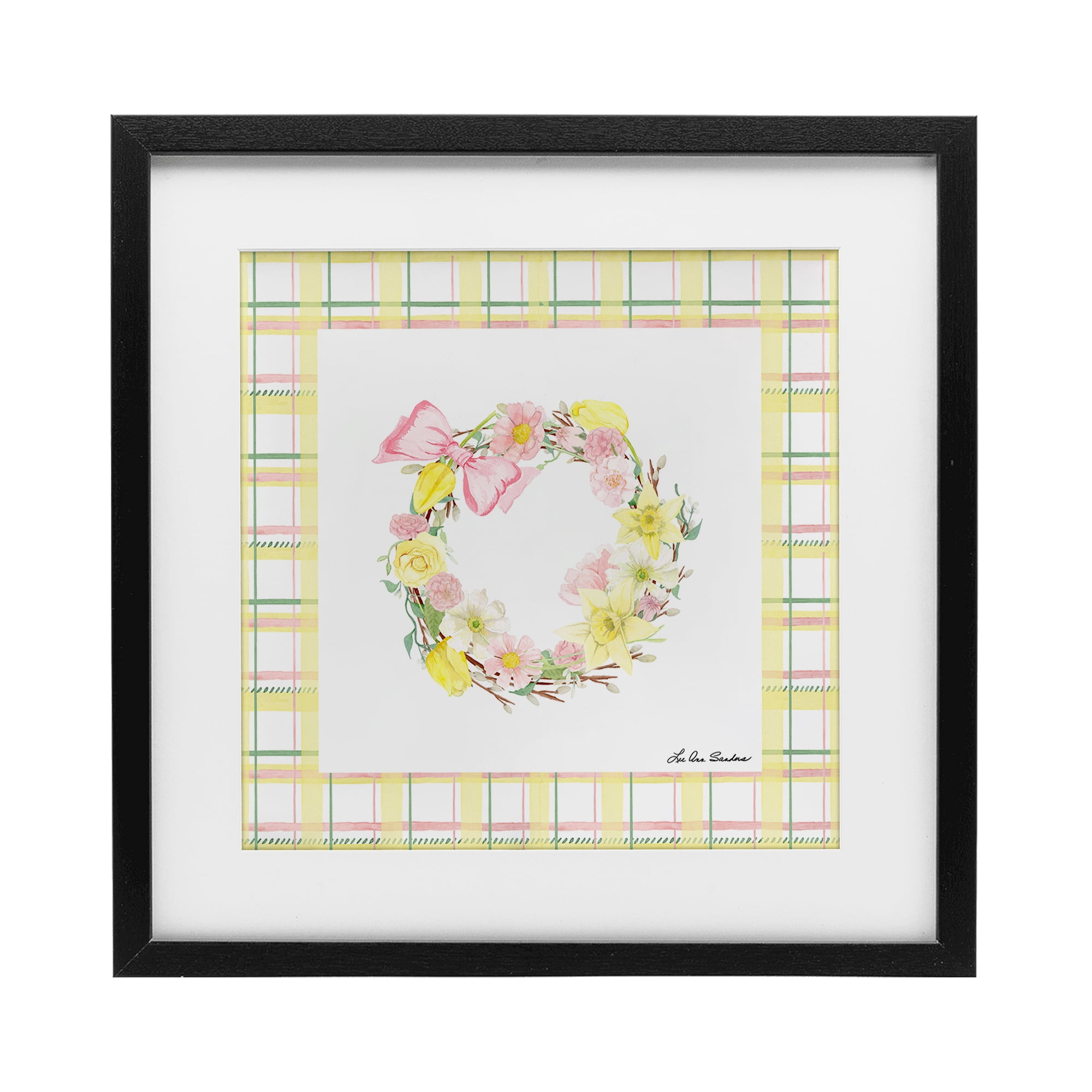 Wreath in Spring Pastels Black Framed Print Under Glass, design by Lee Ann Sanders